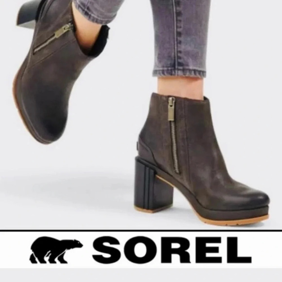 Sorel Blake Waterproof Bootie Block Heeled Zipper Boot Leather Blackened Brown - Picture 1 of 12
